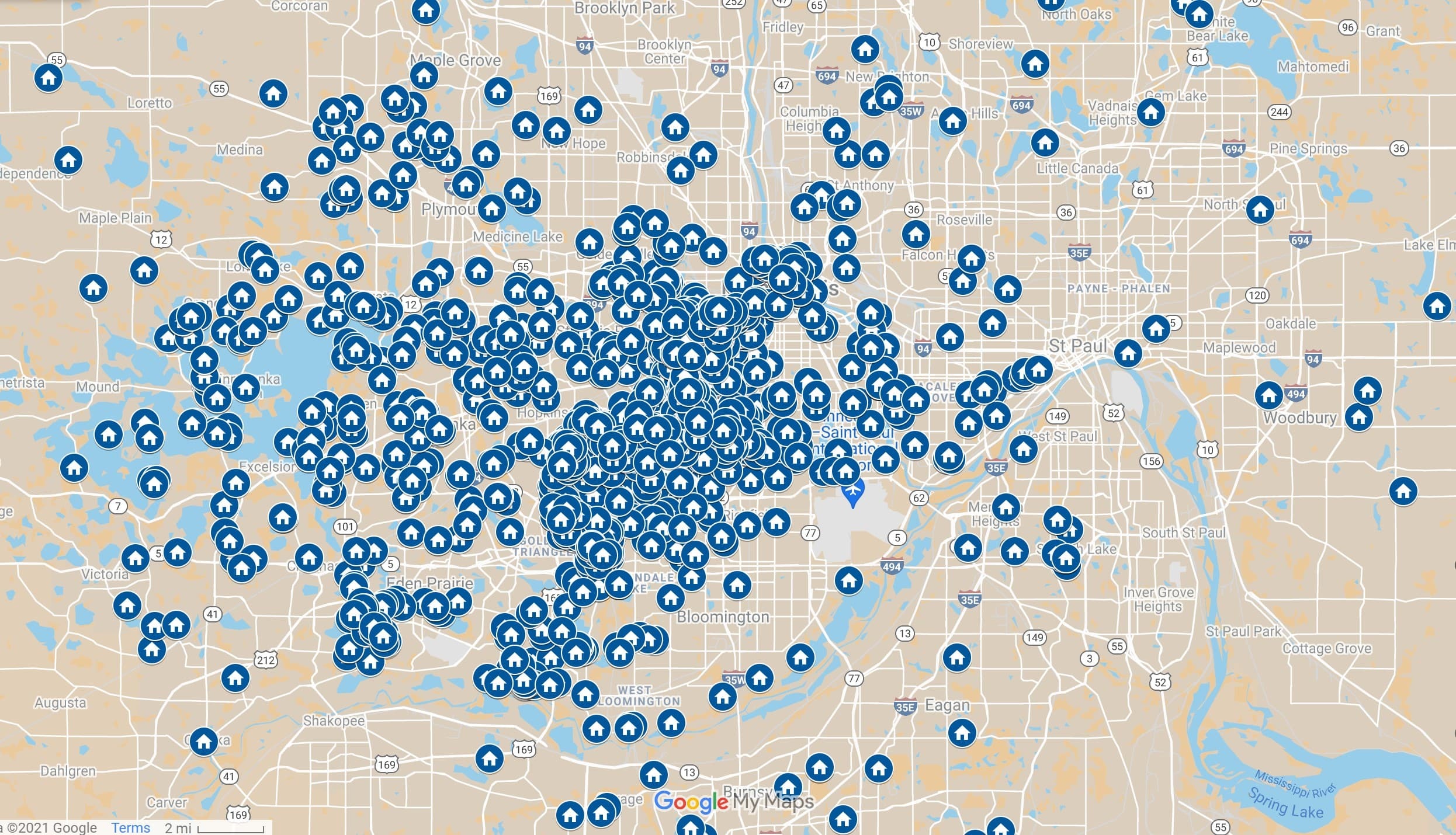 Berg Larsen Group sold properties blue dotted on a map of the Twin Cities Metro.